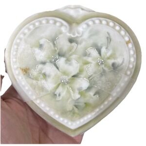 Vintage C. 1980s Hand Painted SageGreen Porcelain Lidded Heart Shaped Vanity Box